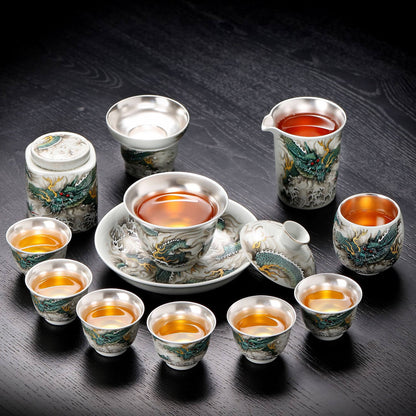 NEW! Silver-Lined Porcelain Tea Set: Qinglong