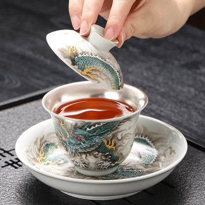 NEW! Silver-Lined Porcelain Tea Set: Qinglong