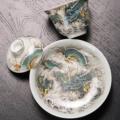 NEW! Silver-Lined Porcelain Tea Set: Qinglong