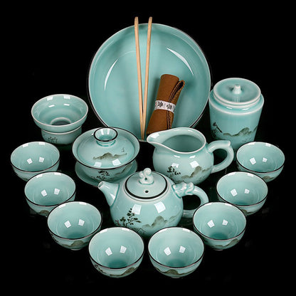 Hand-Painted Celadon Porcelain Tea Set