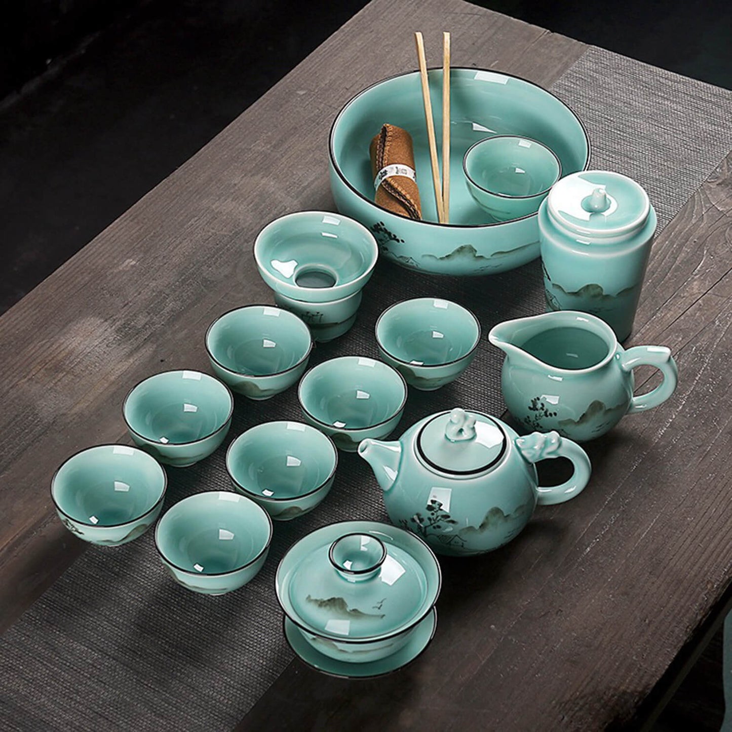 Hand-Painted Celadon Porcelain Tea Set