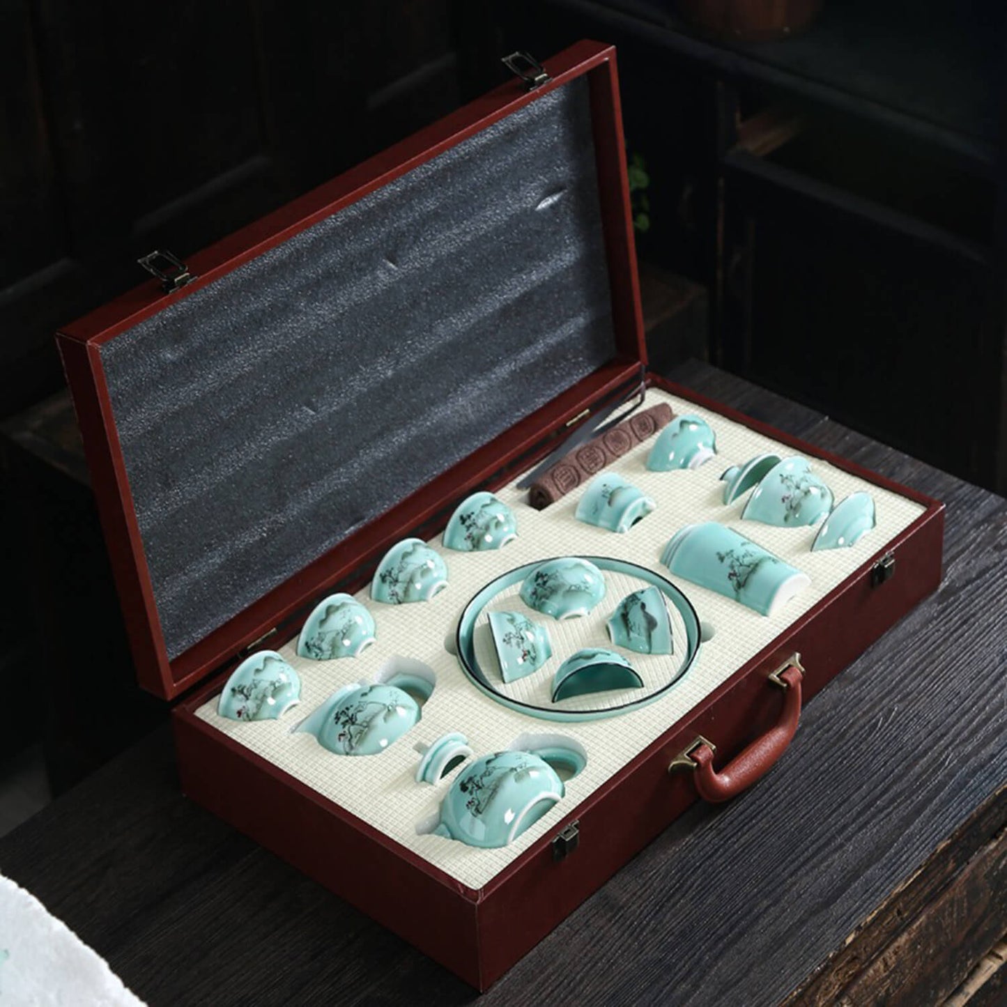 Hand-Painted Celadon Porcelain Tea Set