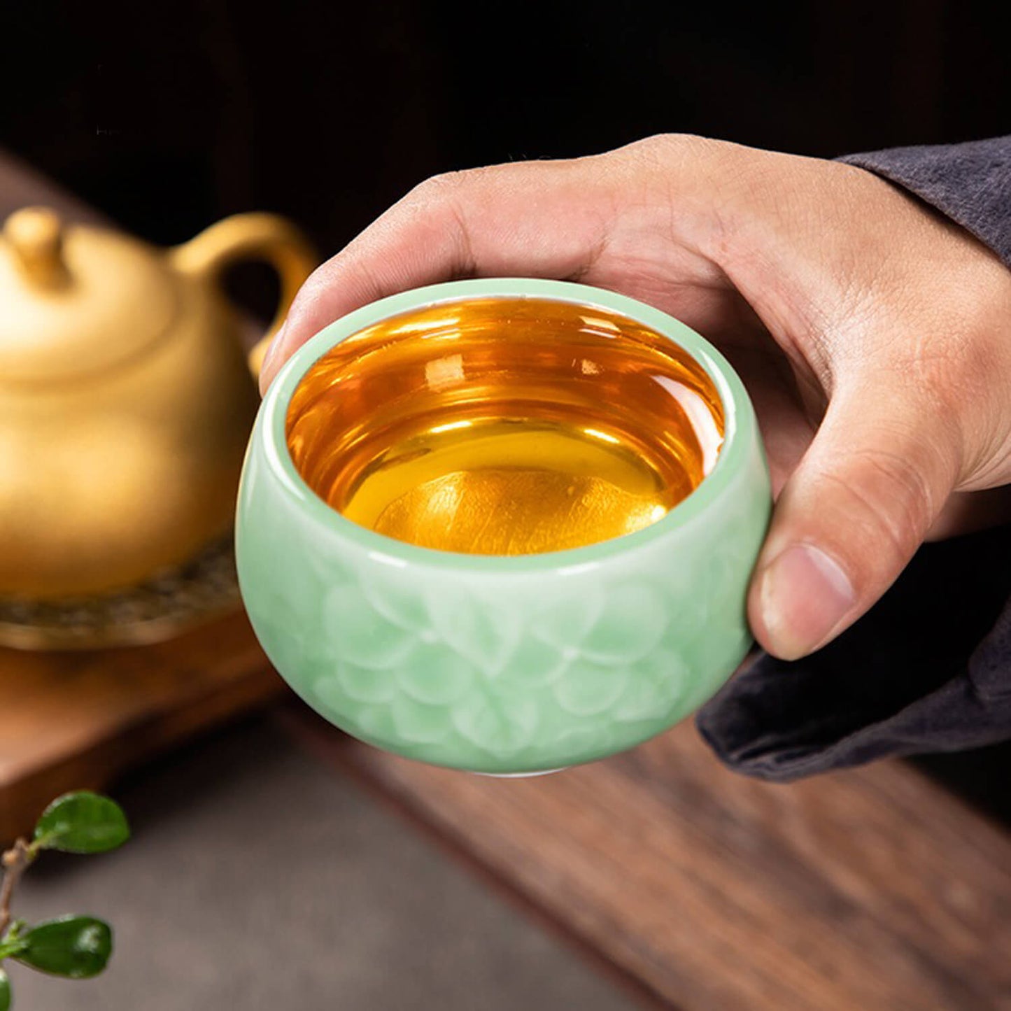 Longquan Celadon 24k Gold-lined Teacup